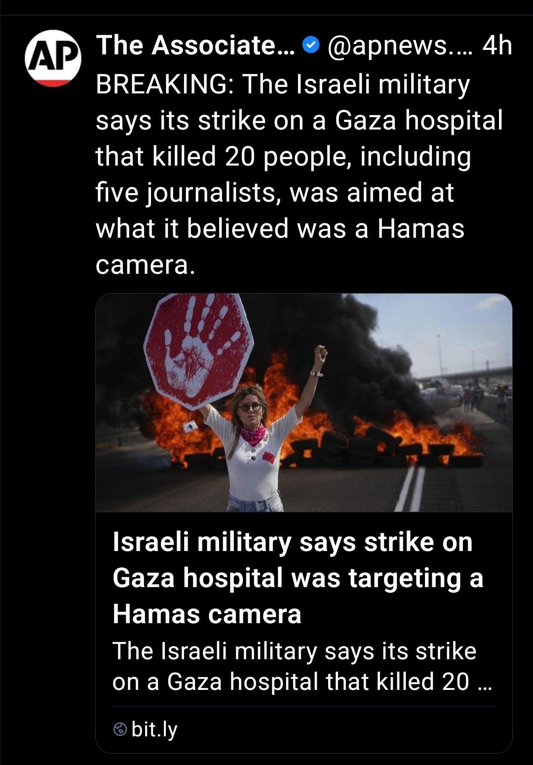 BREAKING: The Israeli military says its strike on a Gaza hospital that killed 20 people, including five journalists, was aimed at what it believed was a Hamas camera.