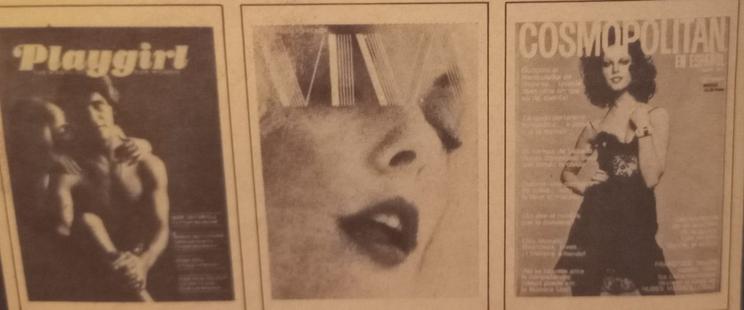 Portadas de revistas eróticas: Playgirl con imágenes de hombres desnudos, Viva con un enfoque femenino y Cosmopolitan con una modelo en atuendo elegante.