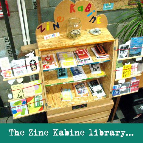 Portable zine library constructed like a sort of small closet with little glass doors and shelves that display mini-zines. Text: The Zine Kabine library.