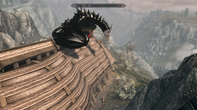 Modded Skyrim screenshot: The player - a dragon in a black latex catsuit - is perched on the roof of Hendraheim, while the Courier is standing at the base of the building trying to figure out how to deliver a letter to the dragon.

This was made with Play-As-A-Dragon SE and my own Catsuit Dragon mod