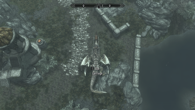Skyrim screenshot: The player - a dragon - has hired a carriage.
This screenshot shows a top view of the dragon standing on top of the carriage.

This was made with Play-As-A-Dragon SE and some custom textures to give the dragon polished black claws