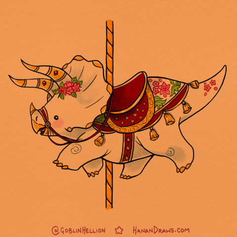 A digital illustration I've done of a merry go round/carousel horse, except instead of a horse it's a happy little triceratops, with a saddle and reigns.