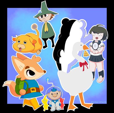 A collection of characters from video games I played.

The games are:

Lonesome Village
Danganronpa Another Episode: Ultra Despair Girls
Untitled Goose Game
Pikmin 3 and 4
Snukin: Melody of Moominvalley
