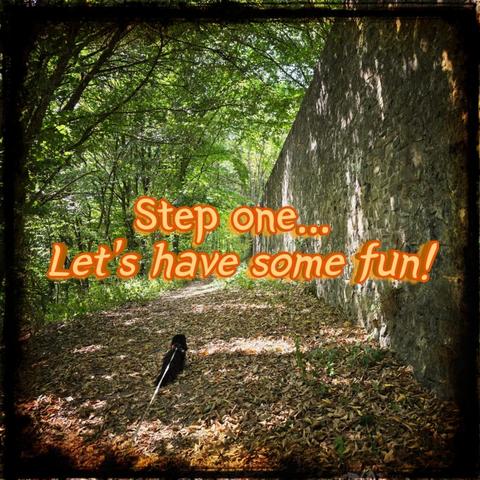 A peaceful forest path covered in autumn leaves, bordered by trees and a stone wall. A small black dog walks ahead, and cheerful orange text reads, “Step one... Let's have some fun!”