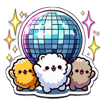 Three cheerful cartoon animals—yellow, white, and brown—celebrate in front of a shimmering disco ball, surrounded by colorful sparkling stars.