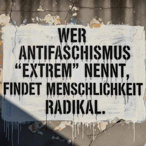 Eine wellige Mauer, darauf steht auf mit weisser Farbe überstrichenen Hintergrund in schwarzer Schrift:

WER
ANTIFASCHISMUS 
"EXTREM" NENNT 
FINDET MENSCHLICHKEIT 
RADIKAL.
