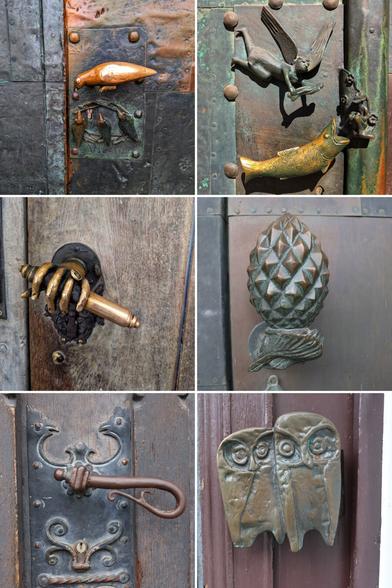 A grid of six close-up images displays diverse, ornate door handles, all from old buildings in Magdeburg, Germany.
 * Top left: A bronze fish handle above a plaque depicting two figures and a fish on a dark metal door.
 * Top right: A winged creature and a fish-shaped handle on a verdigris bronze door.
 * Middle left: A skeletal hand grips a bronze bar handle on a weathered wooden door.
 * Middle right: A large, decorative pineapple-shaped bronze handle with a small bird underneath, on a metal door.
 * Bottom left: A curved, looping metal handle, shaped like a stylised hand, emerging from a scrollwork plate on a wooden door.
 * Bottom right: A bronze plaque featuring two stylised owls on a brown door.