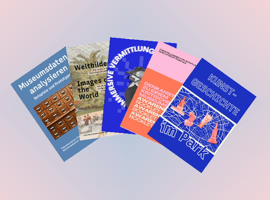 Cover von mehreren bunten Heften.: Titel: Museumsdaten analysieren, Weltbilder, Immersive Kunstvermittlung, Awareness Booklet, Kunstgeschichte im Park