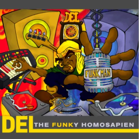 Album cover for Funk Man by Del the Funky Homosapien. The artwork is a bold, cartoon-style illustration bursting with color. Del is depicted in a dynamic, exaggerated form with multiple arms reaching out to control various instruments and DJ equipment — a keyboard, turntables, speakers, and a huge retro microphone labeled “FUNKMAN.” Behind him, a surreal background of red, blue, and yellow swirls emphasizes the chaotic funk energy. His cartoon face, with a golden headwrap and mischievous grin, dominates the center, symbolizing creativity, funk, and hip-hop mastery.
