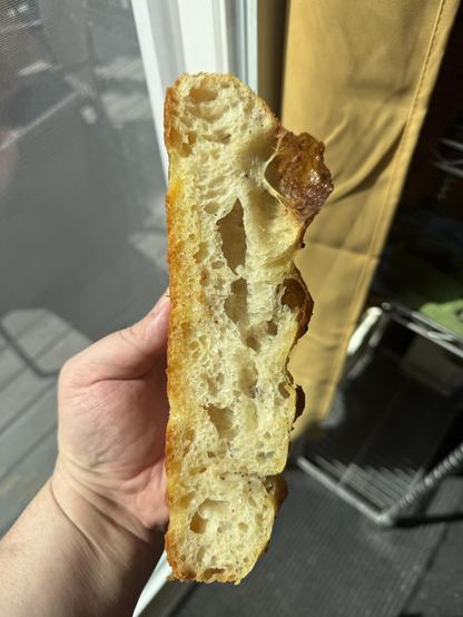 Side view to show the crumb. It is fairly open and the cross section of the bubbles are visible