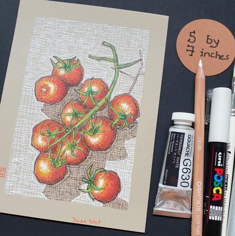 A small original drawing of red cherry tomatoes with a cross hatched background on white and brown ink. The drawing is on cool beige toned paper.
An original art work
Colour pencil and mixed media on acid free toned artist paper
5 by 7 inches (12.7 by 17.8 cm).
Sold unframed