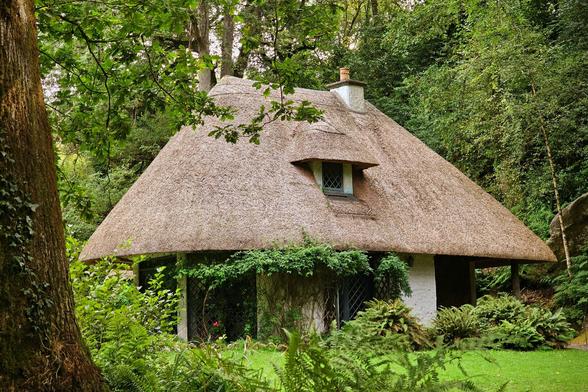 A photograph of a small, thatched-roof cottage nestled among lush green trees and ferns. The cottage has white walls and a small dormer window. The foreground features a large tree on the left, and the cottage is surrounded by a well-maintained lawn and dense foliage.