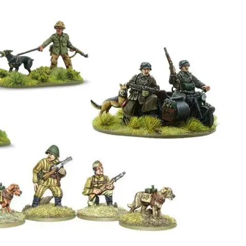 A collection of miniature figures showcases various dog-related models from Warlord Games. In the top section, a soldier with a dog is accompanied by two German soldiers on a motorcycle with a dog, all set on a grassy base. The bottom section features a soldier with a rifle alongside two additional figures, one holding a weapon and another with a dog wearing a pack, all on a similar grassy terrain.