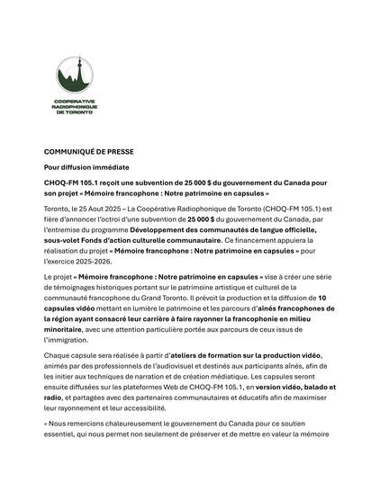 CHOQ FM annonce avoir reçu un appui financier pour réaliser son projet « Mémoire francophone : Notre patrimoine en capsules » qui braque les projecteurs sur le patrimoine artistique et culturel de la communauté francophone du Grand Toronto.