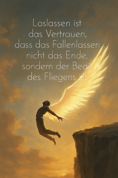 Spruch: Loslassen ist das Vertrauen, dass das Fallenlassen nicht das Ende, sondern der Beginn des Fliegens ist.