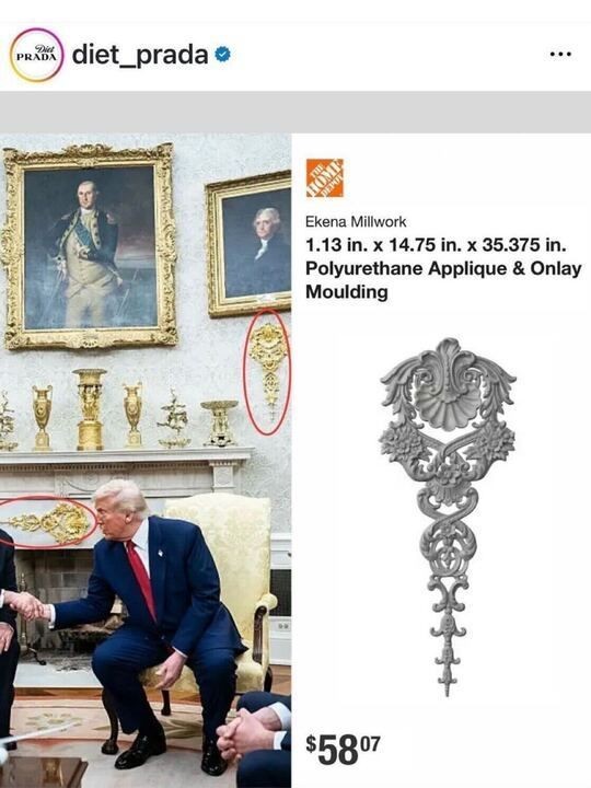A screenshot of an Instagram post from @diet_prada  comparing a decorative element in a photo to a product from Home Depot. The left side shows a photo of a person in a formal setting, sitting in front of a fireplace with ornate gold decorations on the mantel, including two circled elements resembling polyurethane appliques. The right side displays a Home Depot product image of an "Ekena Millwork 1.13 in. x 14.75 in. x 35.375 in. Polyurethane Applique & Onlay Moulding" priced at $58, highlighting the similarity between the two.