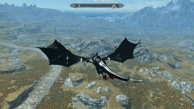 Modded Skyrim screenshot: The player - a dragon in a black latex catsuit flies over the road from Whiterun to Rorikstead.  The sun gleams off his brightly polished back and wings.

This was made with Play-As-A-Dragon SE and my own Catsuit Dragon 1.0 mod