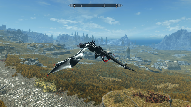 Modded Skyrim screenshot: The player - a dragon in a black latex catsuit flies over the road from Whiterun to Rorikstead.  The sun gleams off his brightly polished back and wings.  In this shot, Goldenhills Plantation is visible and you can also see that the catsuit ends at the nape of his neck.

This was made with Play-As-A-Dragon SE and my own Catsuit Dragon 1.0 mod