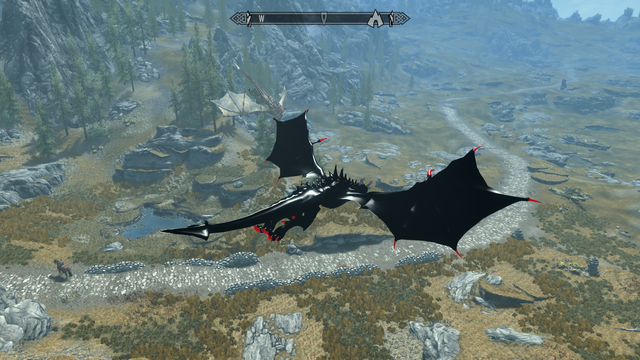 Modded Skyrim screenshot: The player - a dragon in a black latex catsuit flies over the road from Whiterun to Rorikstead.  The sun gleams off his brightly polished back and wings.  The dragon Vuljotnaak is also visible in the background, scanning the area for threats to his lord Fahdonmul, and/or cows.

This was made with Play-As-A-Dragon SE and my own Catsuit Dragon 1.0 mod