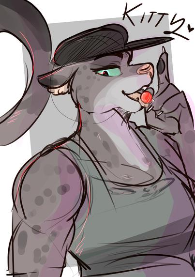 Kitty Kat from Bad Guys 2. She's an anthro snow leopard with BIG muscles, a cool black cap, and a grey-green tanktop. She is licking a red lollipop, as she often does in the movie, looking at the camera a menacingly.