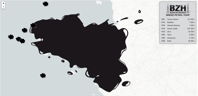 Carte sous forme de narration cartographique des différentes marées noires qui ont touché les côtes bretonnes.