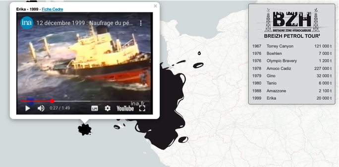 Carte sous forme de narration cartographique des différentes marées noires qui ont touché les côtes bretonnes. Quand on clique sur un lieu, une vidéo apparaît. Sur cette image, la vidéo YouTube du naufrage du pétrolier Erika (12.12.1999).