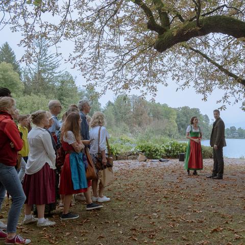 Actors from the Salzburg State Theater performing scenes from “The Sound of Music” during a tour of Schloss Leopoldskron in Austria.