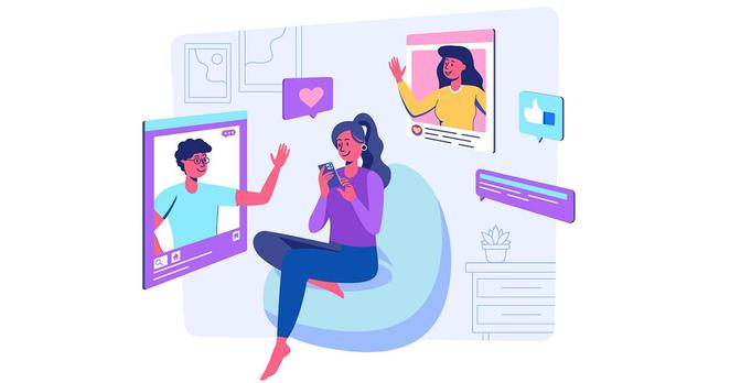 Illustration d’une femme assise utilisant son smartphone, entourée d’écrans où apparaissent des amis en visioconférence et des icônes de réseaux sociaux (like, cœur, commentaires), symbolisant les nouvelles formes de liens numériques et de communication à distance.
