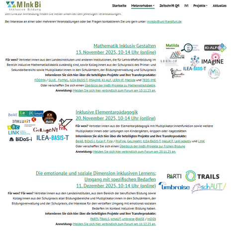 Ausschnitt der oben verlinkten Website mit Titel und Infos zu den drei Transferforen