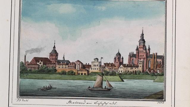 „Stralsund vom Bahnhof aus“, Aquarell 1870.