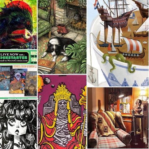 A collage of various artworks: a dark abstract crow, a dog by a fireplace, a giant tea cup with a sea monster, a kickstarter comic ad, a stylised portrait, and a cozy furnished living room scene.