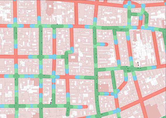Ausschnitt des Stadtplans von Wien Neubau mit der Entfernung zur nächsten konsumfreien Sitzmöglichkeit farblich markiert