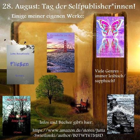 Ein Bild von einem großen Buch mitten in einer Landschaft mit einer Sitzbank, davor die Cover von mehreren Romanen von Jutta Swietlinski mit Werbetext zum Tag der Selfpublisher*innen (Bilder: Pixabay und privat).
