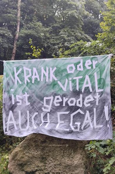 Transpi mit der Aufschrift: Krank oder vital ist geordet auch egal!