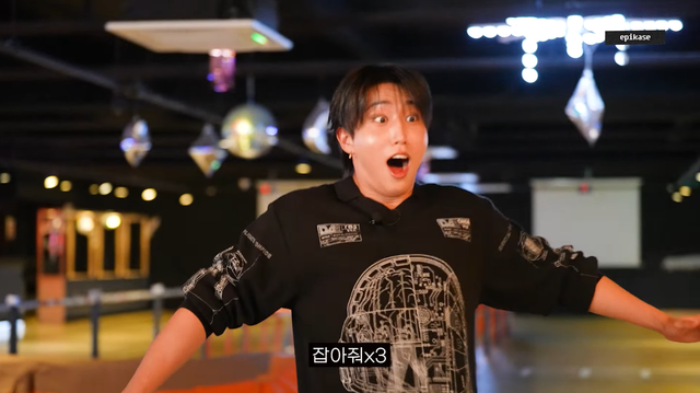 Han has an alarmed and/or excited expression as he attempts to roller-skate