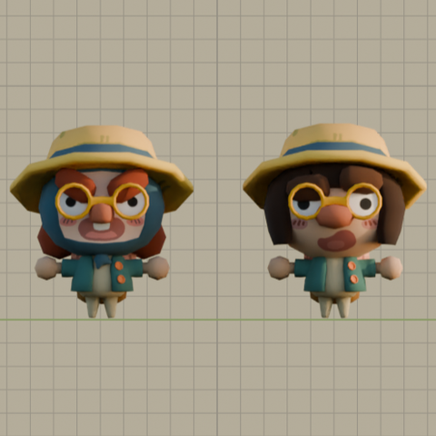 In the image you can see two 3D models in T position, of two characters with the same clothes (blue button-down shirt, white body and straw hat). The one on the right is Maria Bolet, a redhead with pigtails, and the one on the right is Lola Escarola with medium length hair and brown hair.