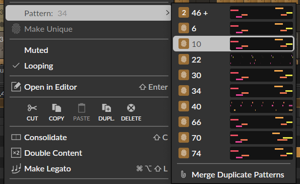 screenshot showing that Bitwig now recognizes when you have re-used a pattern and allows you to turn them all into aliased clips with one click