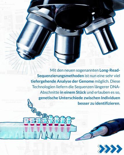Ein Mikroskop und pipettierwerkzeug. Dazwischen steht: mit den neuen sogenannten longread sequenzierungsmethoden ist nun eine sehr viel tiefergehende Analyse der genome möglich. Diese Technologien liefern die Sequenzen längerer DNA-Abschnitte in einem Stück und erlauben es so, genetische Unterschiede zwischen Individuen besser zu identifizieren.