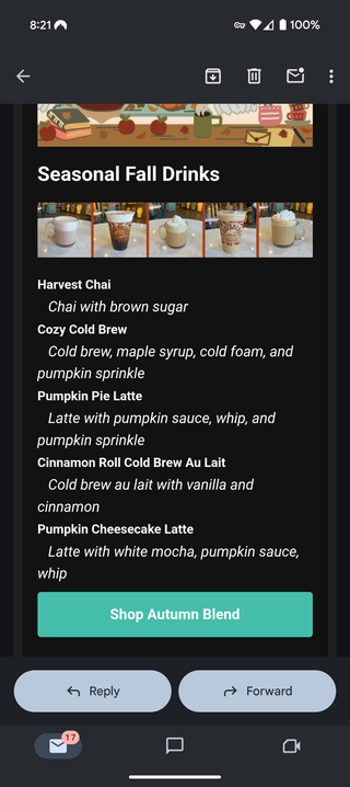 A screenshot of an email announcing the availability of Autumn coffee beverages at a local coffee shop chain