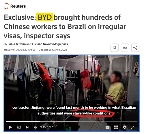 A total of 163 of those workers, hired by BYD contractor Jinjiang, were found last month to be working in what Brazilian authorities said were "slavery-like conditions."
