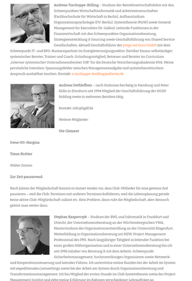 Screenshot der verlinkten Website. Fortsetzung der Vorstellung der Clubmitglieder: Andreas Tschoppe-Köfling, Andreas Dethleffsen...
