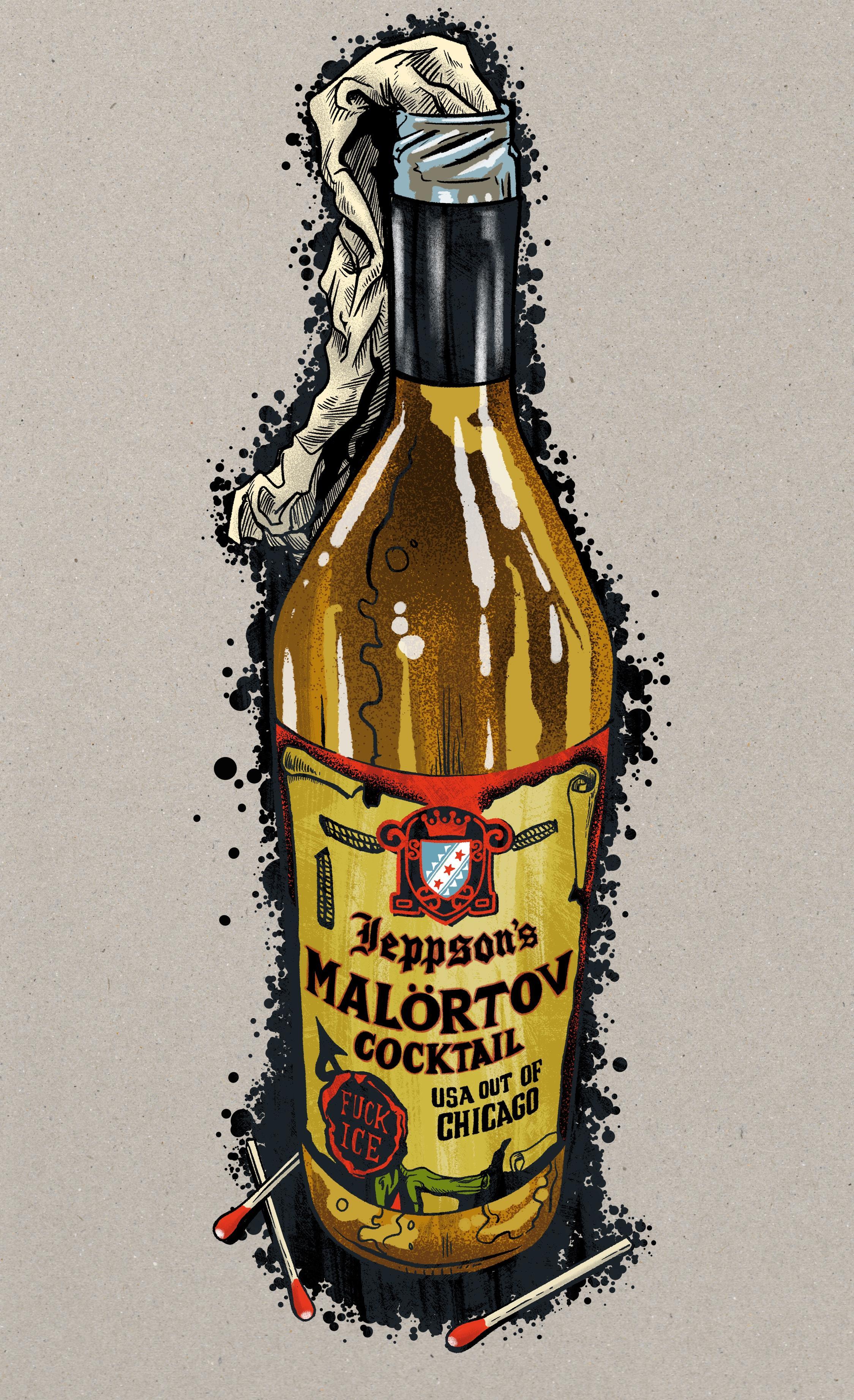A digital illustration of a bottle of Chicago’s local and beloved and quite vile liqueur, Malört. In this rendition the usual copy in the label has been altered to read:  Jeppson’s Malörtov Cocktail USA Out Of Chicago  Fuck Ice The cap of the bottle is unscrewed with a rag stuffed down the neck and three wooden matches are around the base of the bottle offering the viewer the opportunity to decide what is to be done.
