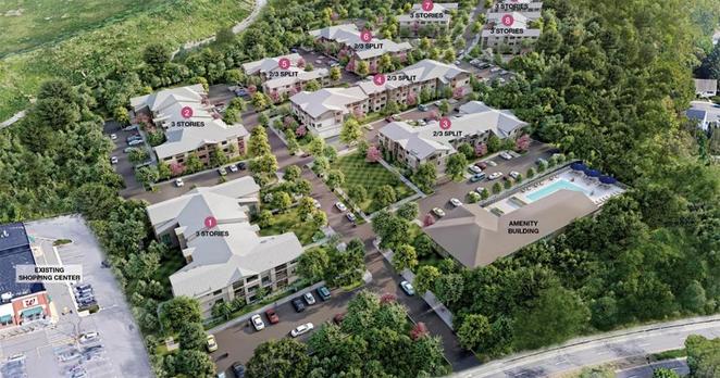 Aerial view of proposed nine-building apartment complex on what is now a hilly ledge and cliff