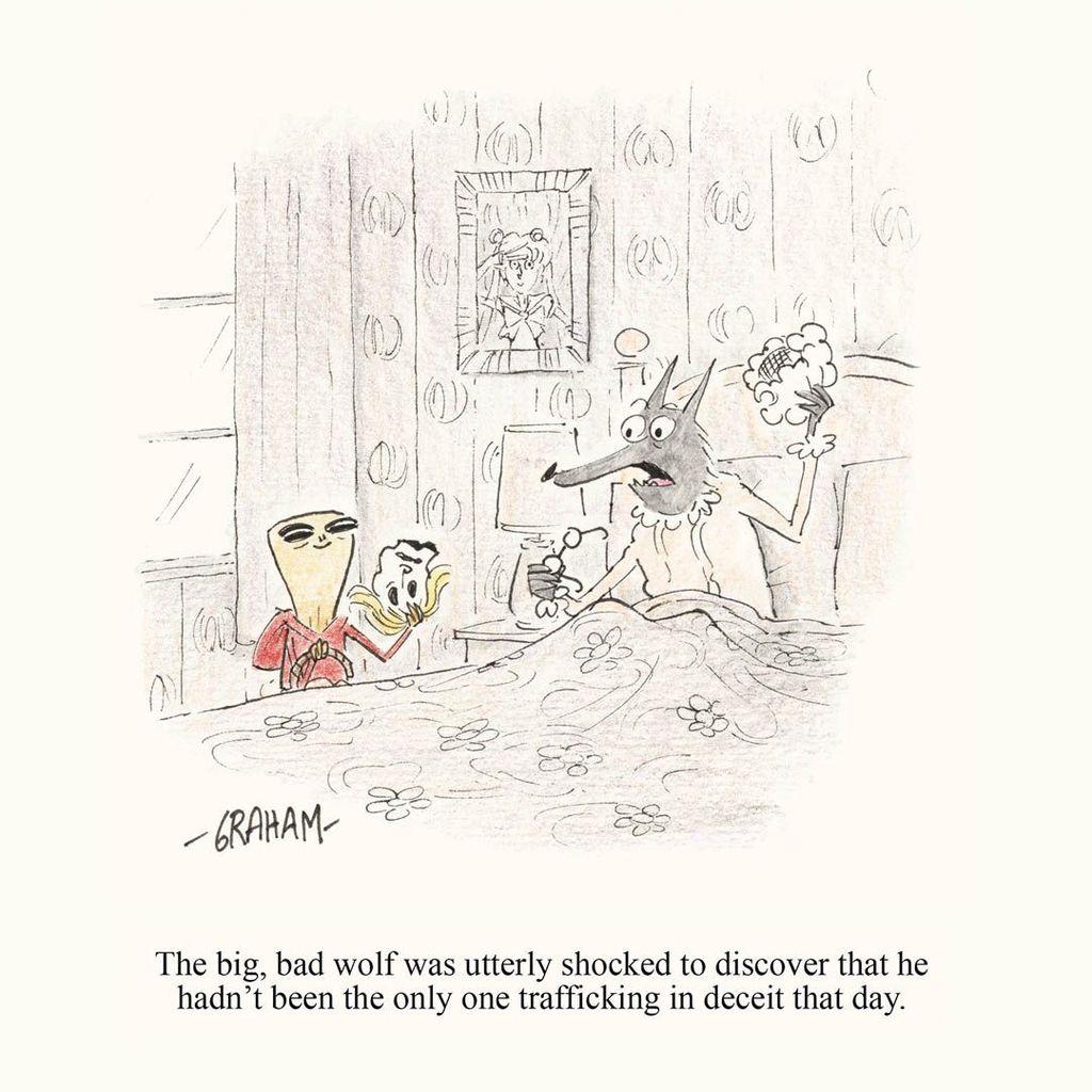 A cartoon illustration of an alien taking off his little red riding hood mask and shocking a surprised wolf dressed as Grandma. Caption reads "The big, bad wolf was utterly shocked to discover that he hadn't been the only one trafficking in deceit that day."