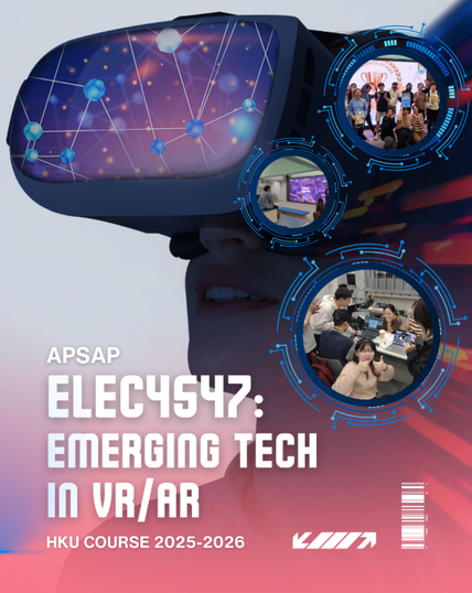 A student wearing a VR headset, surrounded by glowing digital graphics and holograms, symbolizing immersive technology and virtual/augmented reality learning.