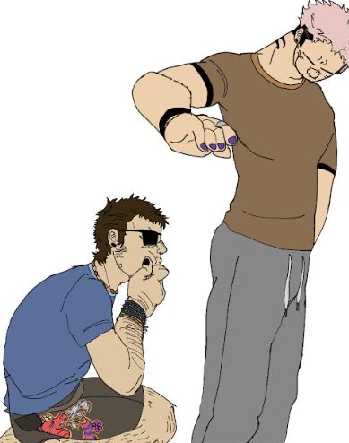 soku is now depicted crouched down with a hand on his chin, staring at the reare end of my design of huan au sukuna. obviously everyone can tell what hes staring at