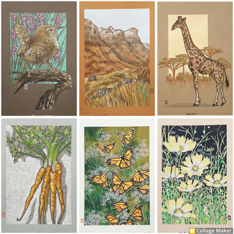 A photo collage of some of my artwork:
A wren, Glencoe mountains, a giraffe, carrots, monarch butterflies and yellow cosmos flowers.