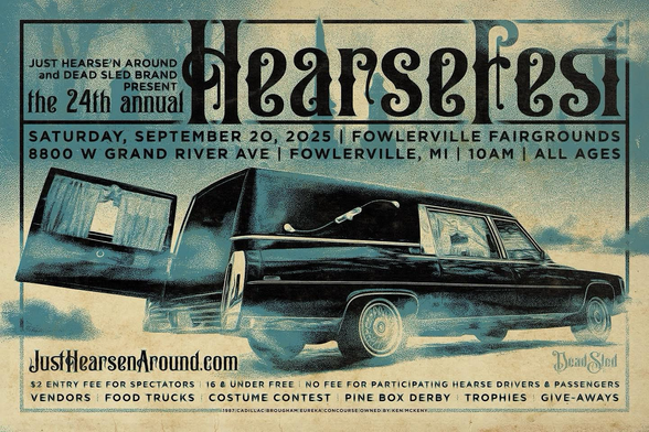 A postcard flyer for a hearse car show in Michigan called Hearsefest. The show is at the Fowlerville Fairgrounds on Saturday September 20 2025 and starts at 10:00am.
