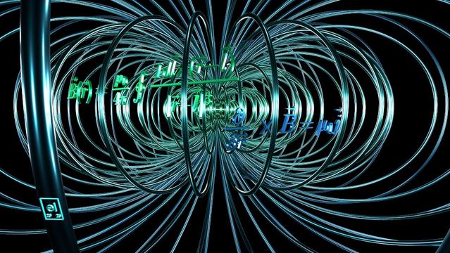 Flow lines of the magnetic field of a current loop, rendered as shiny tubes colored in gradually varying colors. Each closed flow line has an approximately elliptical shape. Essential physics equations rendered as 3D Latex characters from the same metallic material. Created with code by elkement 2025 (not by an AI image generator).