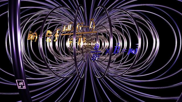 Flow lines of the magnetic field of a current loop, rendered as shiny tubes colored in gradually varying colors. Each closed flow line has an approximately elliptical shape. Essential physics equations rendered as 3D Latex characters from the same metallic material. Created with code by elkement 2025 (not by an AI image generator).